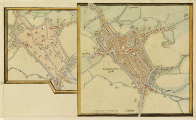 216007 Blad met twee kaarten:Links: Plattegrond van de stad Utrecht met directe omgeving; met weergave van het ...